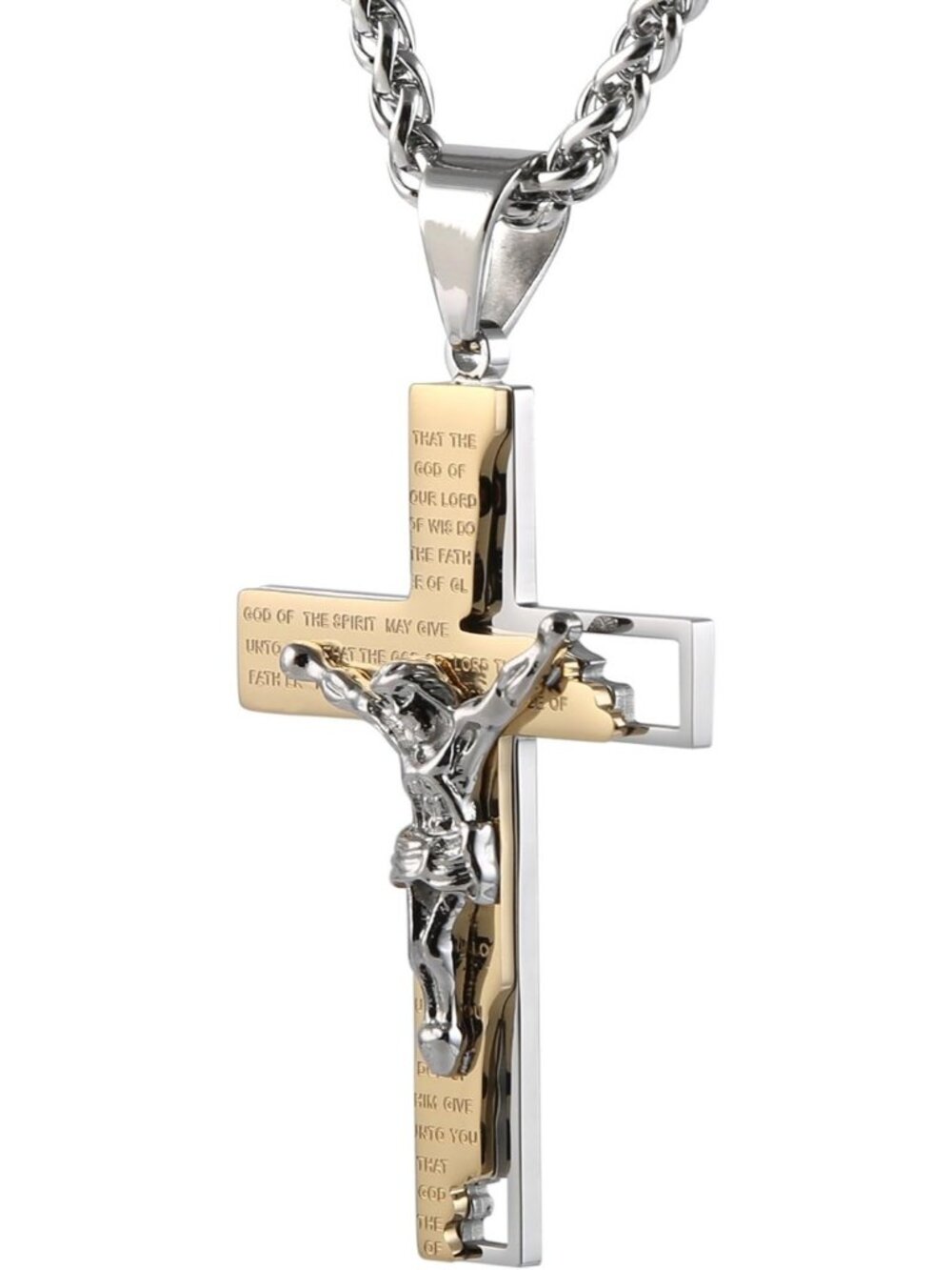 Men's Gold Stainless Steel Cross Crucifix Bible Prayer Pendant Necklace Chain